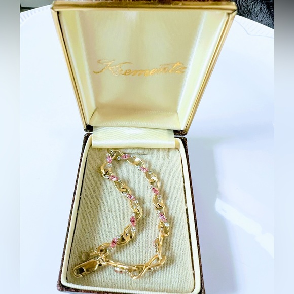 VTG Signed Krementz 14K GOLD Overlay Pink Clear Topaz  Bracelet c1940s NIB - Picture 1 of 10